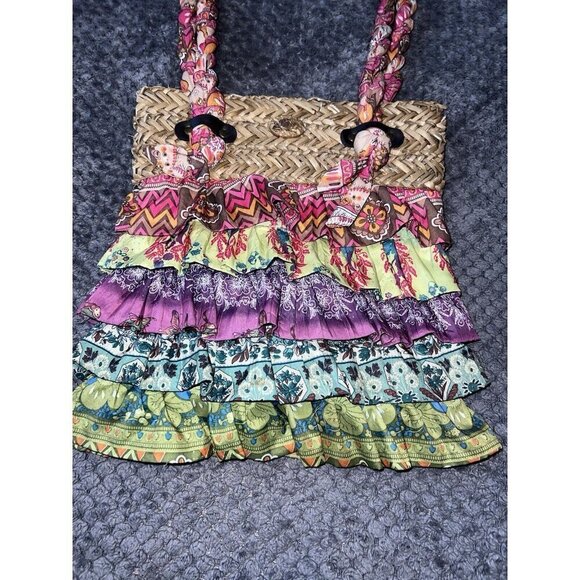 CAPPELLI Straworld Rattan and Multicolor Tiered Ruffles Double Top Handles Bag - Picture 6 of 16
